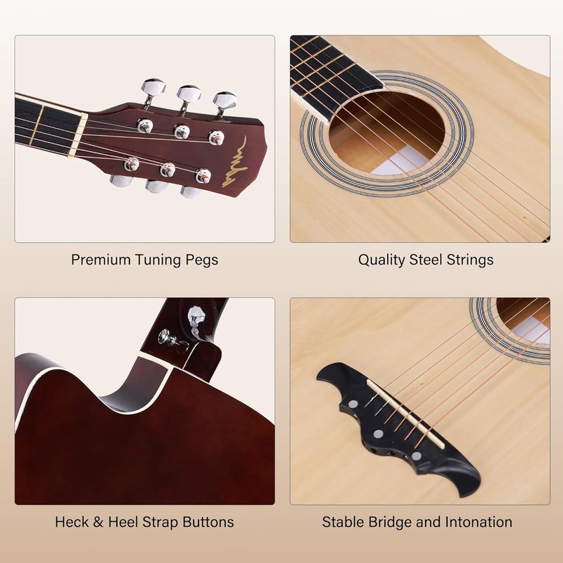 ADM 38" Inch Acoustic Guitar Bundle for Beginners Adults with Online Lesson, Cutaway Wood Acustica Guitarra Starter Set Package with Gig Bag, Strap, Steel Strings, Picks, Capos, Stand, Natural - Image 4